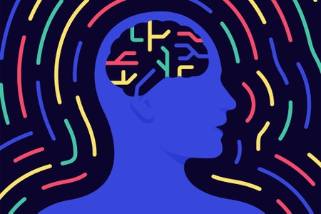 A person mental health brain activity concept illustration human head and brain.